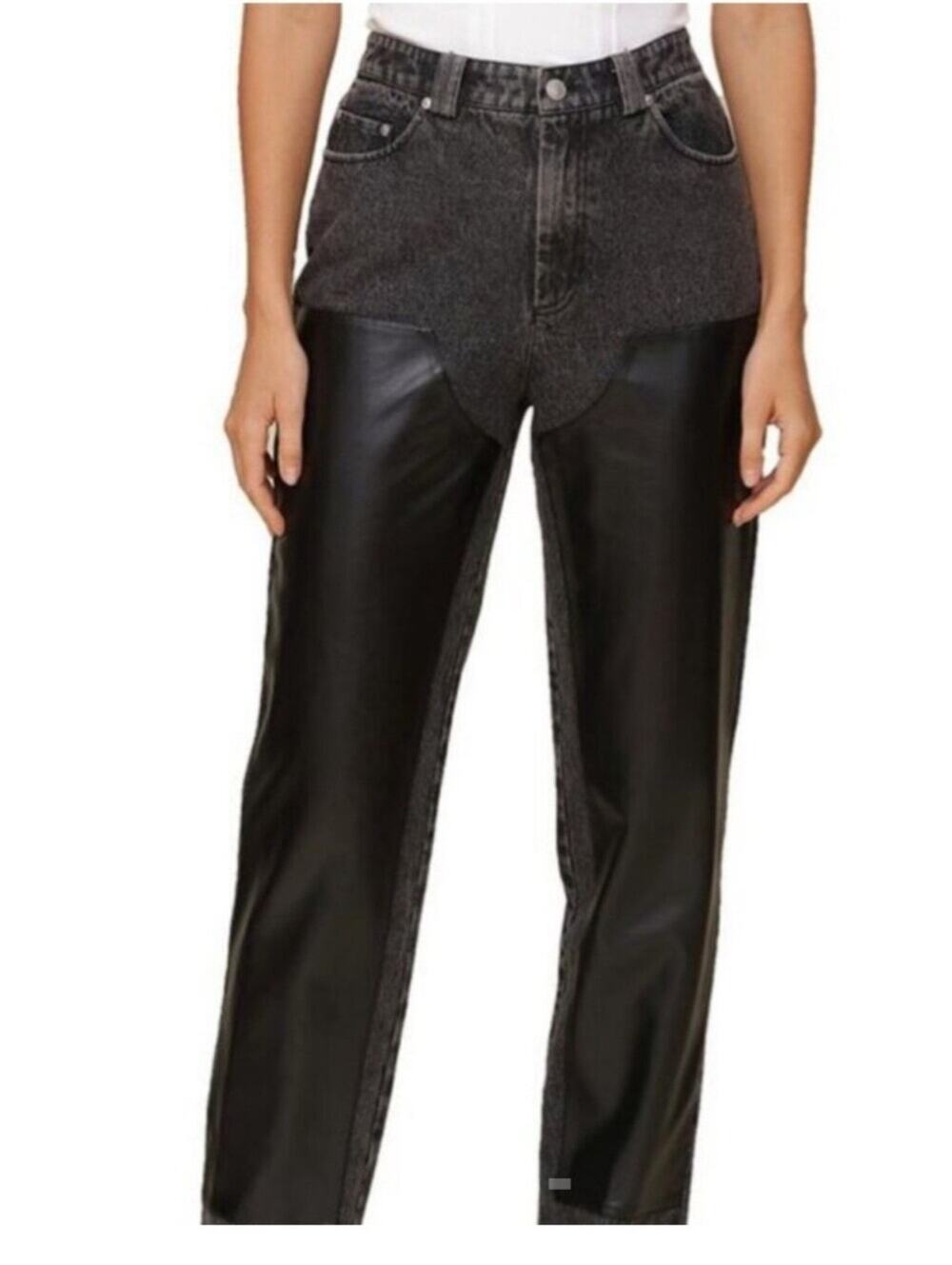 Avec Les Filles Women’s Two-Tone Black Faux Leather & Washed Denim Jeans